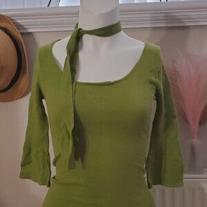 Vintage Le Château Bell Sleeve tie neck sash Knit Ribbed Top- Grass Green